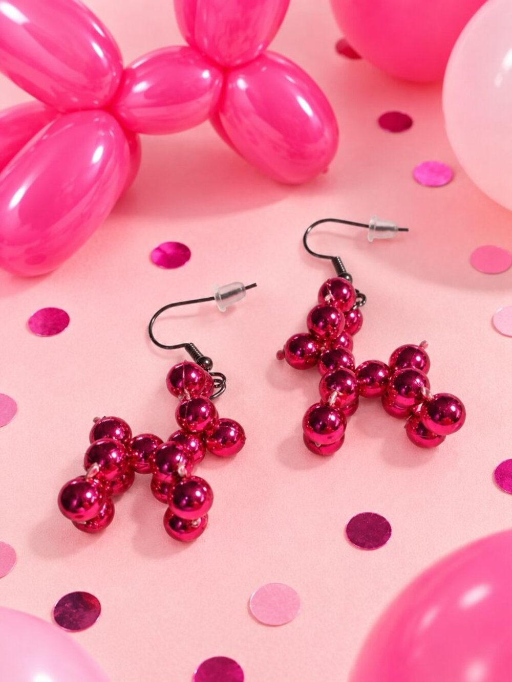 Pink Bubble Beaded Balloon Dog Dangle Earrings 2 Inch Hook Novelty Girl Jewelry